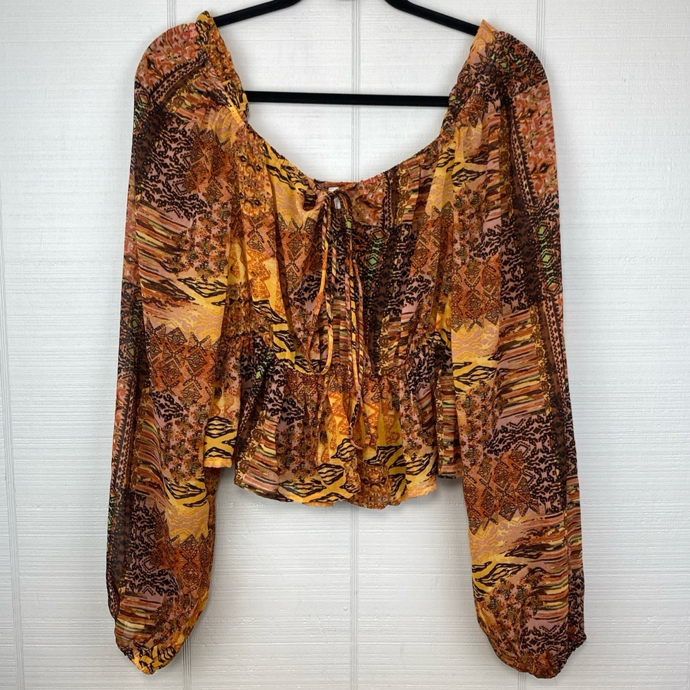 Live 4 Truth Orange Brown Mixed Pattern Peasant Top Balloon Sleeves Peplum Waist
